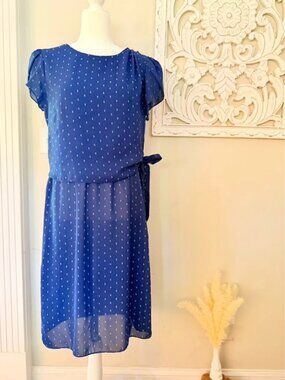 Jenny Navy Polka Dot Chiffon Midi Dress Tie Waist UK 10 12